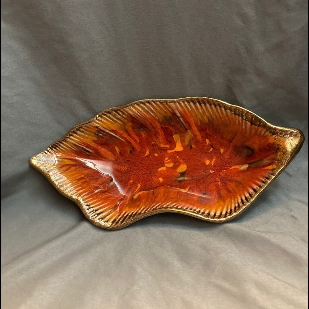 Pottery Fall Colour Dish Gold Tone Trim Cal. style USA 2715 Vintage Mid Century